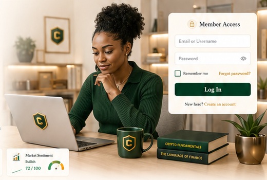 Professional learner using a laptop in a crypto education setting